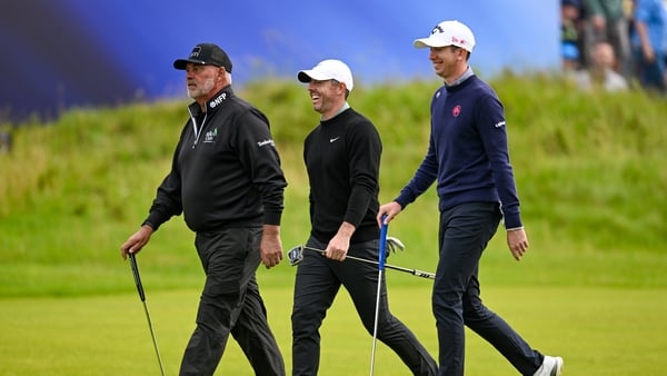 15 July 2025; Rory McIlroy of Northern Ireland, centre, with Darren Clarke of Northern Ireland, left, and Tom McKibbin of Northern Ireland during a practice round at Royal Portrush Golf Club in Portrush, Antrim, ahead of The 153rd Open Championship. Photo