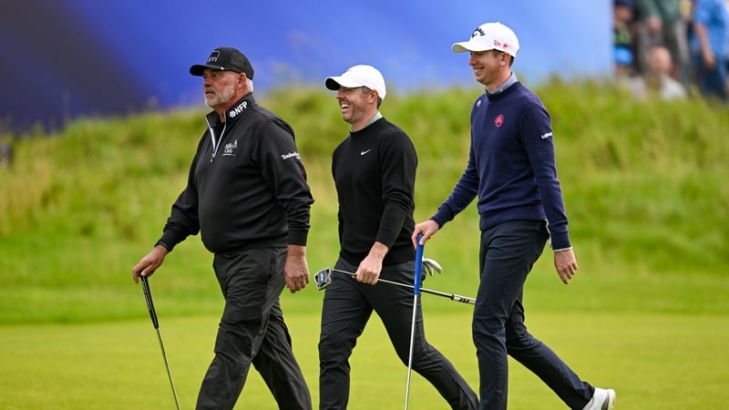 Rory McIlroy with Darren Clarke and Tom McKibbin at Portrush today