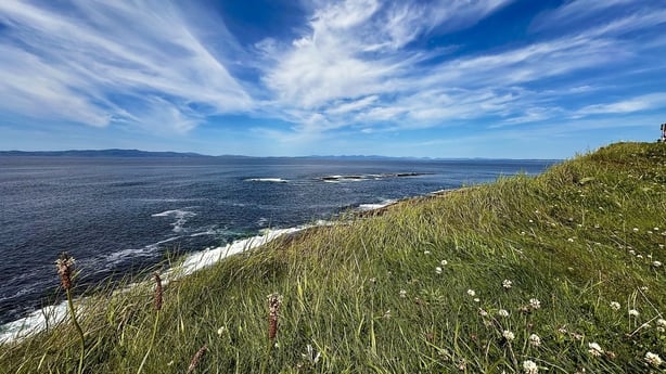 A coastal view from a grassy hill into the ocean with blue skies streaked with light clouds