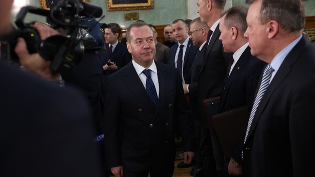 MOSCOW, RUSSIA - MARCH 19 (RUSSIA OUT) Former Russian President, Deputy Chairman of the Securuty Council Dmitry Medvedev enters the hall during the Board of the Prosecutor-General Main Office, March 19, 2025, in Moscow, Russia. Putin visited an annual meeting with prosecutors. (Photo by Contributor/