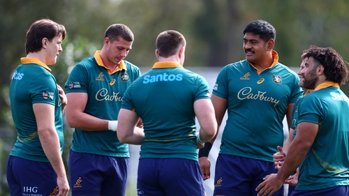 Will Skelton (2r) and team-mates at a Wallabies training session on Tuesday