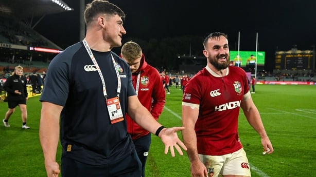 12 July 2025; Dan Sheehan, left, and Rónan Kelleher of British & Irish Lions after the tour match between AUNZ XV and the British & Irish Lions at the Adelaide Oval in Adelaide, Australia. Photo by Brendan Moran/Sportsfile