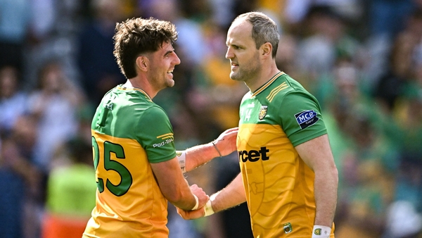 13 July 2025; Donegal players Michael Murphy, right, and Dáire Ó Baoill after their side's victory in the GAA Football All-Ireland Senior Championship semi-final match between Meath and Donegal at Croke Park in Dublin. Photo by Piaras Ó Mídheach/Sportsfil
