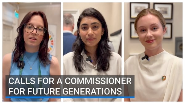 image shows three representatives of coalition 2030 with the text “calls for a commissioner for future generations”