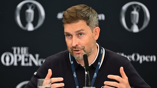 PORTRUSH, NORTHERN IRELAND - JULY 16: Mark Darbon, CEO of The R&A, speaks to the media during a press conference prior to The 153rd Open Championship at Royal Portrush Golf Club on July 16, 2025 in Portrush, Northern Ireland. (Photo by Oisin Keniry/R&A/R&A via Getty Images)