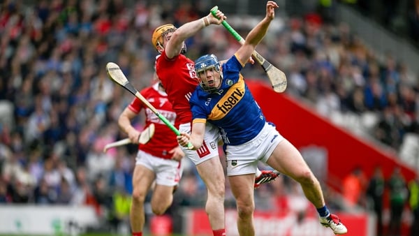27 April 2025; Jason Forde of Tipperary in action against Niall O'Leary of Cork during the Munster GAA Hurling Senior Championship Round 2 match between Cork and Tipperary at SuperValu Páirc Uí Chaoimh in Cork. Photo by Brendan Moran/Sportsfile
