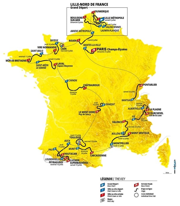 Route map of Tour de France 2025