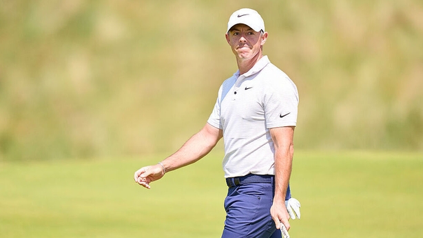 Rory McIlroy reacts during a practice round prior to The 153rd Open Championship at Royal Portrush Golf Club