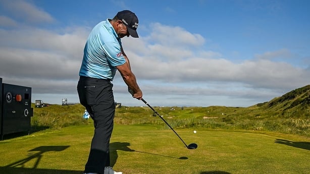 Padraig Harrington of Ireland plays his tee shot on the seventh hole during a practice round at Royal Portrush Golf Club