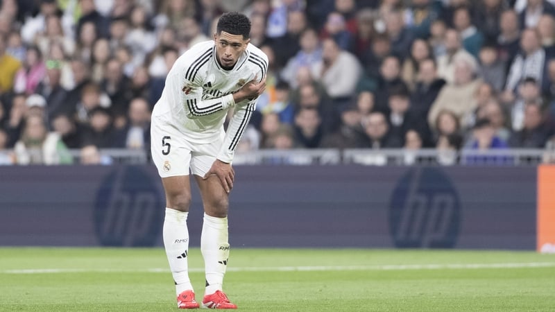 Jude Bellingham clutches his shoulder during a match between Real Madrid and Las Palmas in January