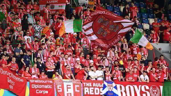 16 July 2025; Shelbourne supporters before the UEFA Champions League First Qualifying Round second leg match between Linfield and Shelbourne at Clearer Twist National Football Stadium at Windsor Park in Belfast. Photo by Ben McShane/Sportsfile