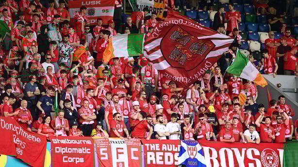16 July 2025; Shelbourne supporters before the UEFA Champions League First Qualifying Round second leg match between Linfield and Shelbourne at Clearer Twist National Football Stadium at Windsor Park in Belfast. Photo by Ben McShane/Sportsfile