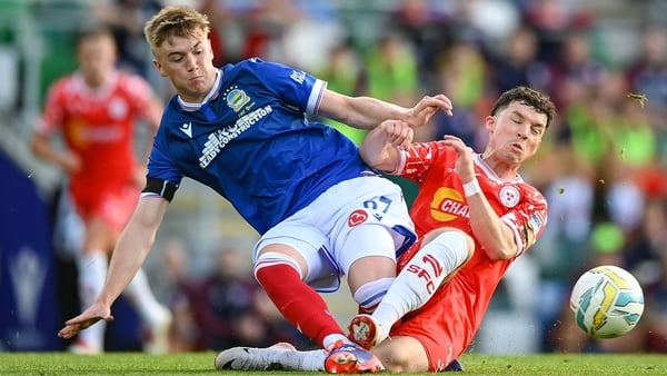 16 July 2025; Matthew Orr of Linfield is tackled by Ali Coote of Shelbourne during the UEFA Champions League First Qualifying Round second leg match between Linfield and Shelbourne at Clearer Twist National Football Stadium at Windsor Park in Belfast. Pho