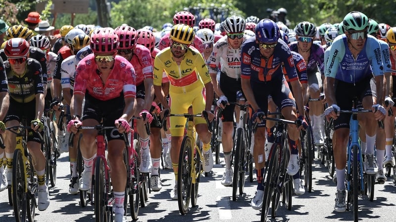 The man in yellow: Irish rider Ben Healy wearing the overall leader's yellow jersey in the middle of the peloton during the 11th stage of the Tour de France yesterdat, Photo: Anne-Christine Poujoulat/AFP via Getty Images