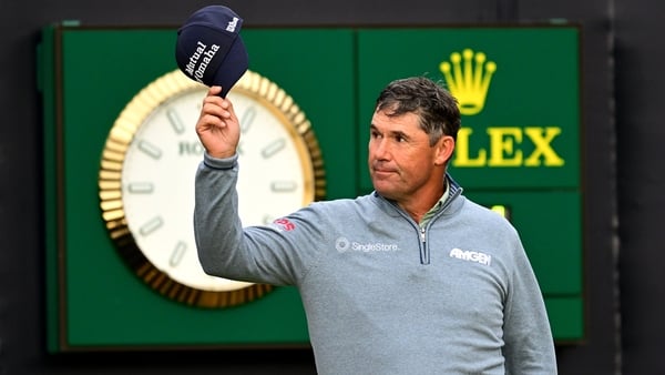 Padraig Harrington of Ireland acknowledges the crowd on the first tee ahead of Day One of The 153rd Open Championship at Royal Portrush Golf Club on July 17, 2025 in Portrush, Northern Ireland.