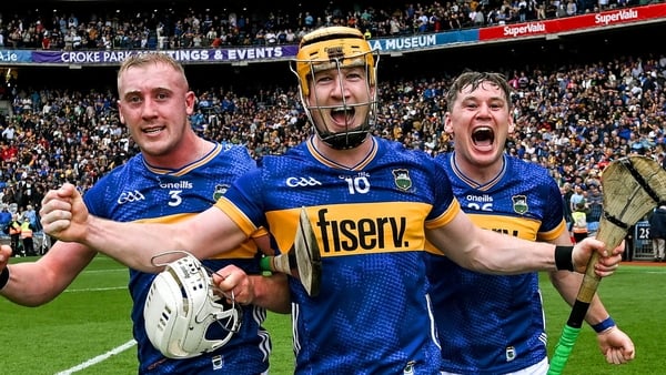 Tipperary players, from left, Eoghan Connolly, Jake Morris and Alan Tynan celebrate after the GAA Hurling All-Ireland Senior Championship semi-final match between Kilkenny and Tipperary at Croke Park in Dublin