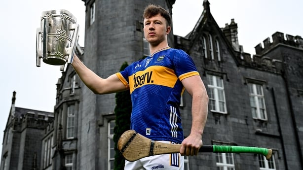 10 June 2025; Jake Morris of Tipperary poses for a portrait with the Liam MacCarthy cup during the national launch of the GAA Hurling All-Ireland Senior Championship Series at Kinnitty Castle in Offaly. Photo by Brendan Moran/Sportsfile 