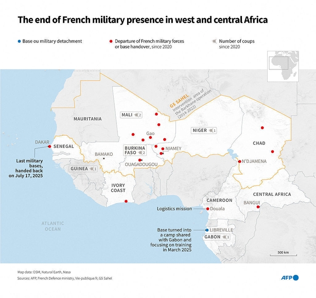 Infographic with map of western and central Africa showing withdrawal of French military forces in the region, as of July 17, 2025 (Graphic by AFP)