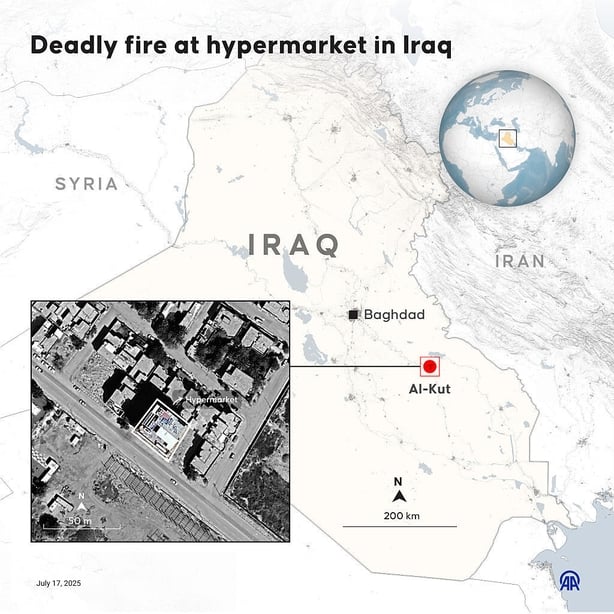 ANKARA, TURKIYE - JULY 17: An infographic titled "Deadly fire at hypermarket in Iraq" created in Ankara, Turkiye on July 17, 2025. At least 60 people have been killed and several more are missing in a huge fire at a hypermarket in Al-Kut city in eastern Iraq. (Photo by Elif Acar/Anadolu via Getty Im
