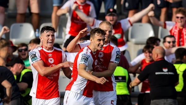 17 July 2025; Mason Melia of St Patrick's Athletic, centre, celebrates with teammates Joe Redmond, left, and Tom Grivosti after scoring his side's first goal during the UEFA Conference League First Qualifying Round second leg match between FC Hegelmann an