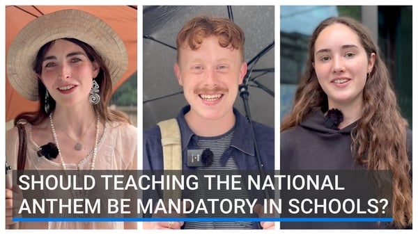 image shows three young people with the text “should teaching the national anthem be mandatory in schools?’