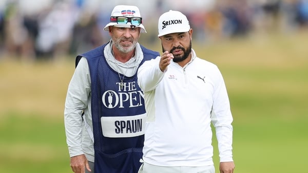 PORTRUSH, NORTHERN IRELAND - JULY 17: JJ Spaun of the United States talks with his caddie on the first hole during day one of The 153rd Open Championship at Royal Portrush Golf Club on July 17, 2025 in Portrush, Northern Ireland. (Photo by Alex Slitz/Gett