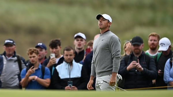 17 July 2025; Rory McIlroy of Northern Ireland watches his chip onto the 15th green during day one of The 153rd Open Championship at Royal Portrush Golf Club in Portrush, Antrim. Photo by Ramsey Cardy/Sportsfile