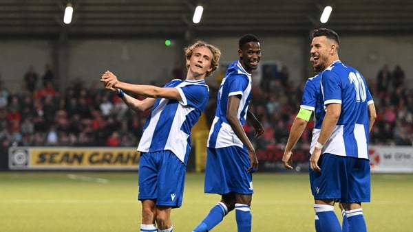 BELFAST, NORTHERN IRELAND - JULY 17: Hugo Jesslen of St Joseph's celebrates with teammates after scoring his team's third goal during the UEFA Europa Conference First Qualifying Round Second Leg match between Cliftonville and St Joseph's at Solitude on Ju