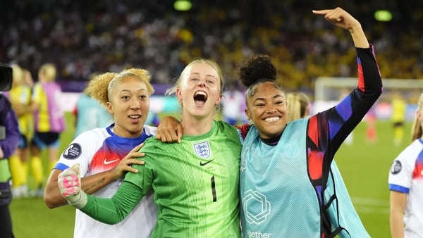 (left to right) England's Lauren James, Hannah Hampton and Khiara Keating after England defeated Sweden at Euro 2025