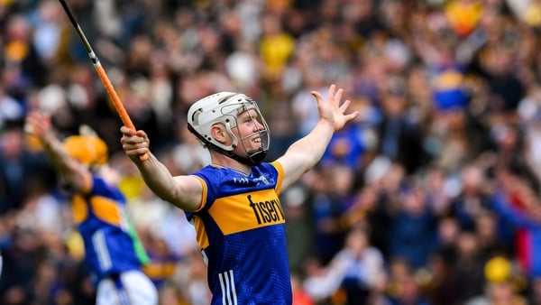 6 July 2025; Oisin O'Donoghue of Tipperary celebrates scoring his side's 4th goal, in the 70th minute, during the GAA Hurling All-Ireland Senior Championship semi-final match between Kilkenny and Tipperary at Croke Park in Dublin. Photo by Ray McManus/Spo