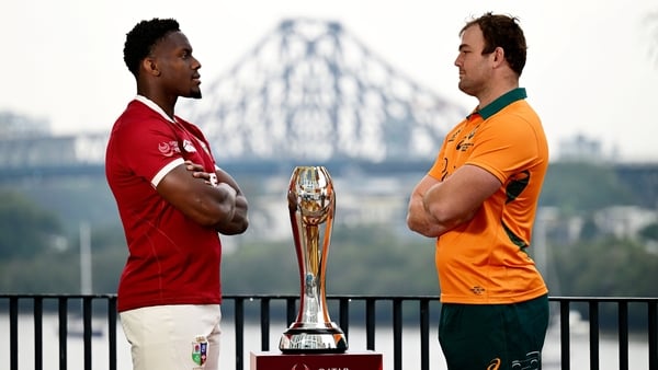18 July 2025; Team captains Maro Itoje of British & Irish Lions, left, and Harry Wilson of Australia pose with the trophy during a photocall ahead of the first test at Suncorp Stadium in Brisbane, Australia. Photo by Brendan Moran/Sportsfile