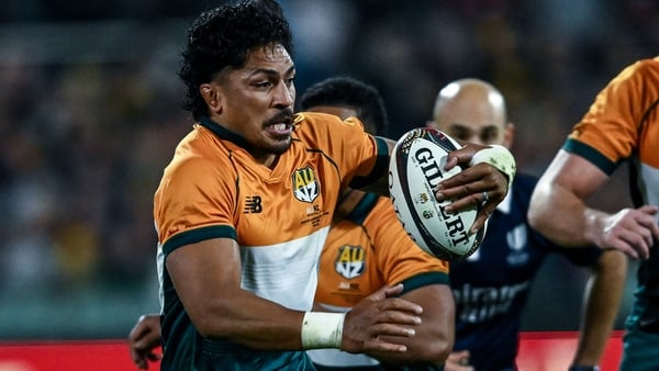 ADELAIDE, AUSTRALIA - JULY 12: Pete Samu of AUNZ tackled by Duhan Van Der Merwe of the Lions during the tour match between AUNZ XV and British & Irish Lions at the Adelaide Oval on July 12, 2025 in Adelaide, Australia. (Photo by Mark Brake/Getty Images)