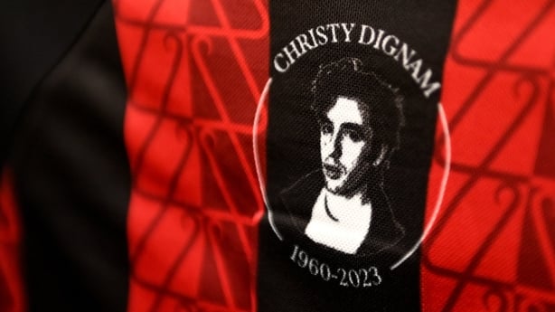 A detailed view of the Bohemian FC jersey, paying tribute to the late Christy Dignam, singer with Irish band Aslan, hangs in the dressingroom before the SSE Airtricity Men's Premier Division match between Bohemians and Shamrock Rovers at Dalymount Park in Dublin.
