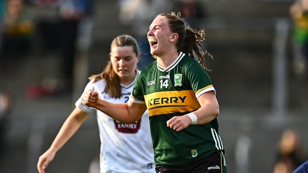 Síofra O'Shea of Kerry celebrates after scoring her side's third goal during the TG4 All-Ireland Ladies Football Senior Championship quarter-final match between Kerry and Kildare at Austin Stack Park in Tralee, Kerry. Photo by Tyler Miller/Sportsfile