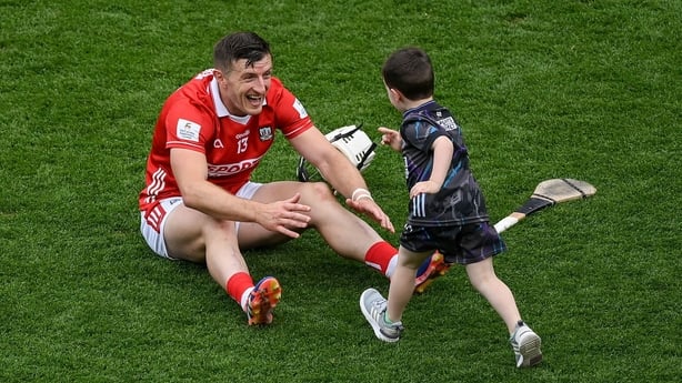 5 July 2025; Patrick Horgan of Cork and his son Jack after the GAA Hurling All-Ireland Senior Championship semi-final match between Cork and Dublin at Croke Park in Dublin. Photo by Stephen McCarthy/Sportsfile