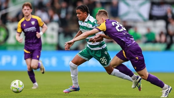 18 July 2025; Victor Ozhianvuna of Shamrock Rovers in action against Michael McCarthy of Wexford during the Sports Direct Men’s FAI Cup second round match between Shamrock Rovers and Wexford at Tallaght Stadium in Dublin. Photo by Thomas Flinkow/Sportsfil