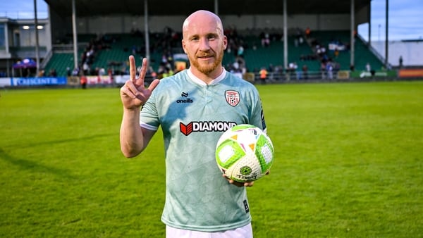 18 July 2025; Liam Boyce of Derry City with the matchball after scoring three goals in the Sports Direct Men’s FAI Cup second round match between Treaty United and Derry City at Markets Field in Limerick. Photo by Stephen McCarthy/Sportsfile