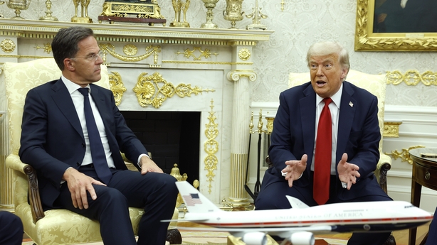 WASHINGTON, DC - JULY 14: U.S. President Donald Trump (R) delivers remarks alongside NATO Secretary General Mark Rutte during a meeting in the Oval Office at the White House on July 14, 2025 in Washington, DC. Trump is meeting with Rutte a day after announcing that the U.S. will send Patriot air def