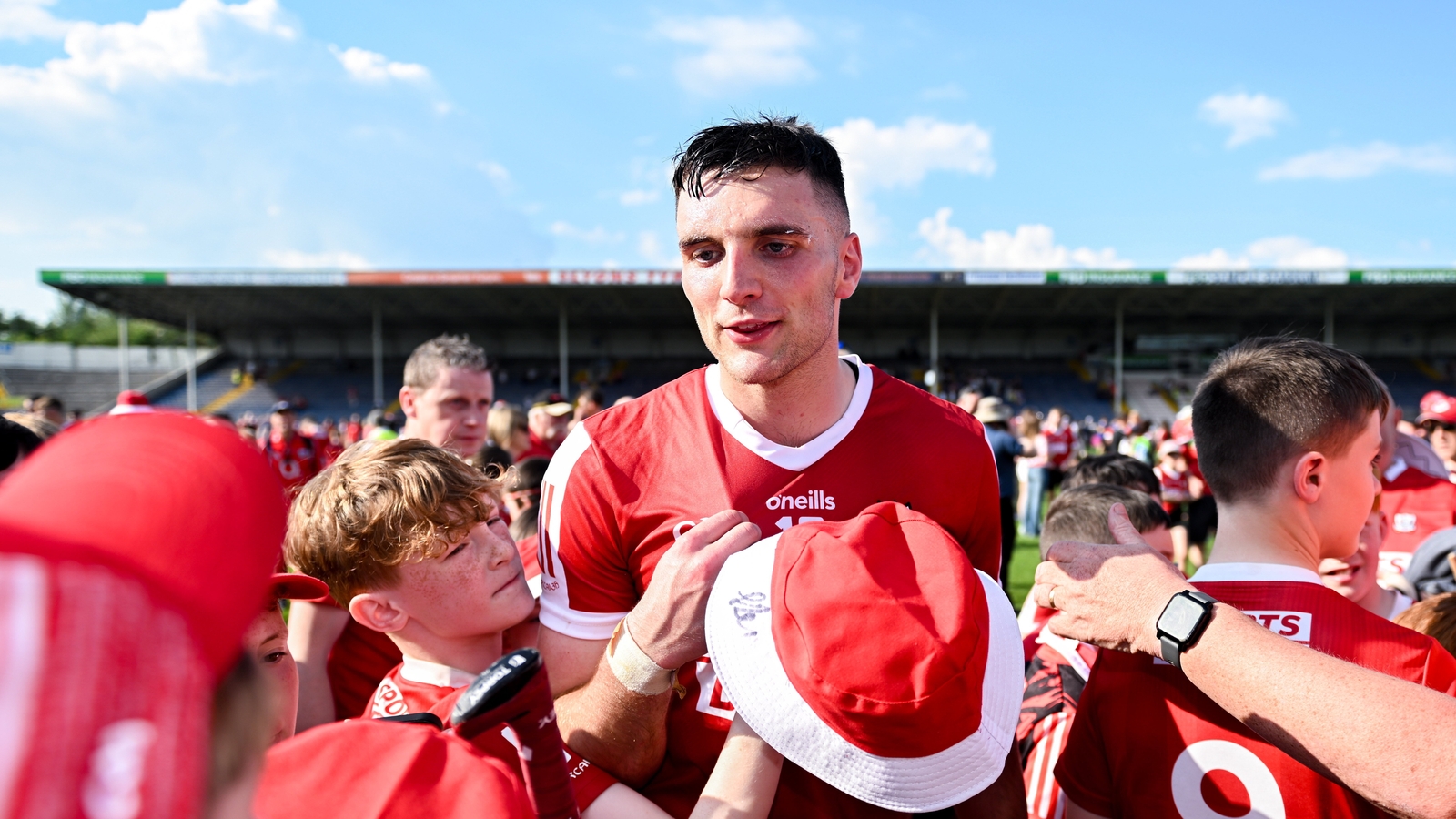 The St Finbarr's player with supporters after Cork's win over Limerick in the 2024 Munster SHC
