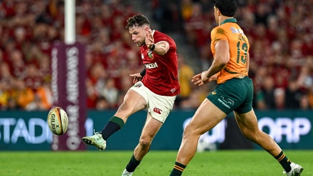 19 July 2025; Hugo Keenan of British & Irish Lions in action against Joseph-Aukuso Suaalii of Australia during the first test match between Australia and the British & Irish Lions at Suncorp Stadium in Brisbane, Australia. Photo by Brendan Moran/Sportsfile