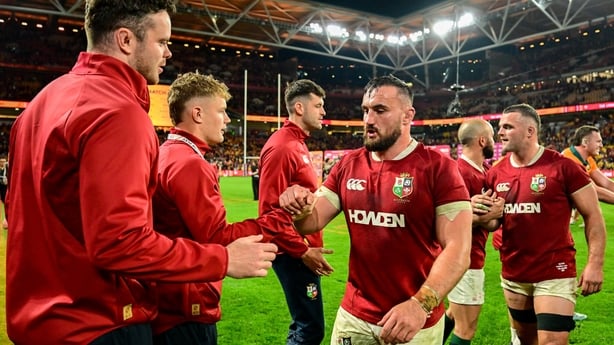 19 July 2025; Rónan Kelleher of British & Irish Lions, centre, with teammates James Ryan, left, and Fin Smith after the first test match between Australia and the British & Irish Lions at Suncorp Stadium in Brisbane, Australia. Photo by Brendan Moran/Sportsfile