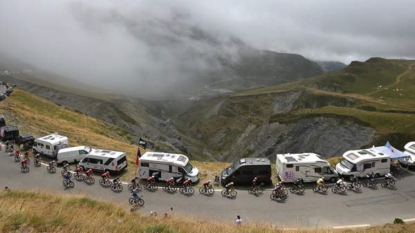 A general view of Tadej Pogacar of Slovenia and UAE Team Emirates - XRG - Yellow leader jersey and the peloton compete climbing to the Col du Tourmalet (2110m) during the 112th Tour de France 2025, Stage 14 a 182.6km stage from Pau to Luchon-Superbagneres