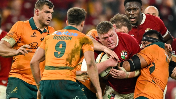19 July 2025; Tadhg Furlong of British & Irish Lions is tackled by Allan Alaalatoa of Australia during the first test match between Australia and the British & Irish Lions at Suncorp Stadium in Brisbane, Australia. Photo by Brendan Moran/Sportsfile