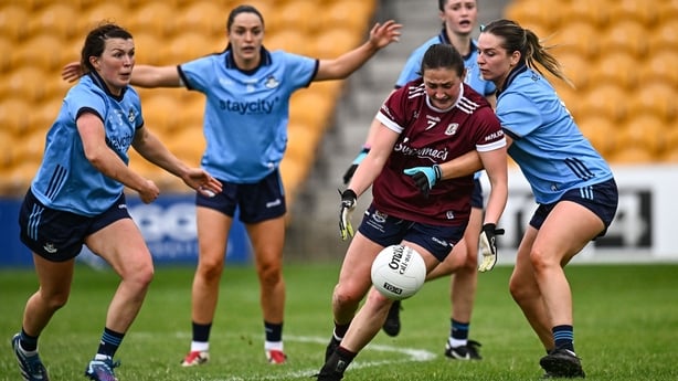 19 July 2025; Chellene Trill of Galway in action against Martha Byrne of Dublin during the TG4 All-Ireland Ladies Football Senior Championship semi-final match between Dublin and Galway at Glenisk O'Connor Park in Tullamore, Offaly. Photo by Piaras Ó Mídheach/Sportsfile