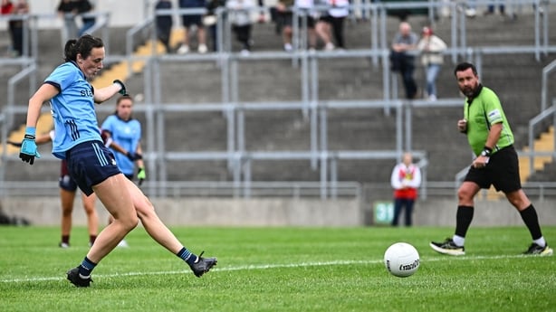 19 July 2025; Hannah Tyrrell of Dublin scores her side's first goal, from a penalty, during the TG4 All-Ireland Ladies Football Senior Championship semi-final match between Dublin and Galway at Glenisk O'Connor Park in Tullamore, Offaly. Photo by Piaras Ó Mídheach/Sportsfile