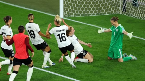 BASEL, SWITZERLAND - JULY 19: Ann-Katrin Berger of Germany celebrates with teammates after saving a penalty kick from Sakina Karchaoui of France, (not pictured), winning the penalty shootout for her team during the UEFA Women's EURO 2025 Quarter-Final mat