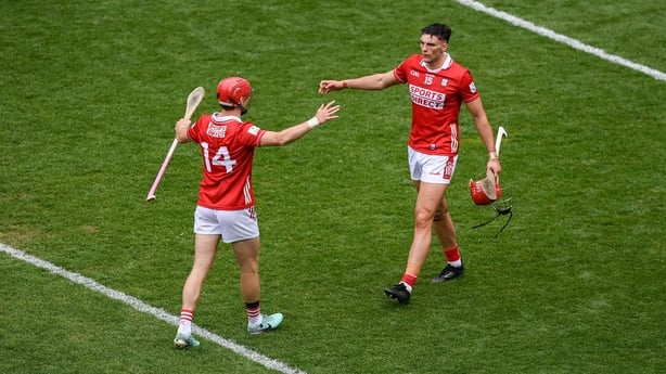 5 July 2025; Brian Hayes, right, and Alan Connolly of Cork celebrate after the GAA Hurling All-Ireland Senior Championship semi-final match between Cork and Dublin at Croke Park in Dublin. Photo by Stephen McCarthy/Sportsfile