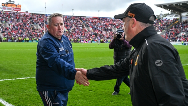 27 April 2025; Cork manager Pat Ryan shakes hands with Tipperary manager Liam Cahill after the Munster GAA Hurling Senior Championship Round 2 match between Cork and Tipperary at SuperValu Páirc Uí Chaoimh in Cork. Photo by Brendan Moran/Sportsfile