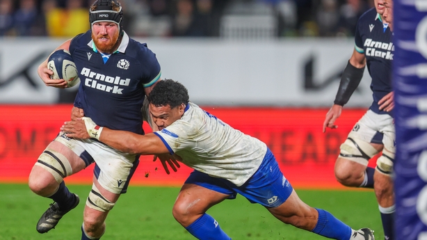 AUCKLAND, NEW ZEALAND - JULY 18: Gregor Brown of Scotland tackled by Aki Seiuli of Samoa during the Test Match between Samoa and Scotland at Eden Park on July 18, 2025 in Auckland, New Zealand. (Photo by Craig Butland/MB Media/Getty Images)