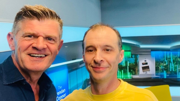 Presenter Brendan O'Connor and actor Tom Vaughan Lawlor selfie photo in studio